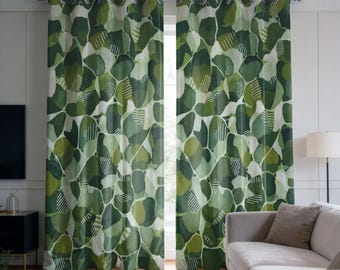 Green Leaf Curtains, Abstract Botanical Drapes, Modern Nature Contemporary Window Panels