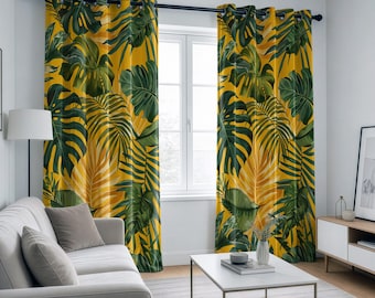 Tropical Leaf Curtains, Green Jungle and Yellow Tropical Print Drapes, Palm Leaf Window Panels