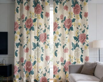 Rose Floral Curtains, Farmhosue Botanical Drapes, Cottagecore Window Panels