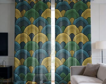 Art Deco Curtains, Scallop Pattern Drapes, Retro Geometric Window Panels