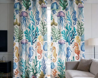 Marine Vorhänge, Ozean Quallen Seepferd Vorhänge, Küsten Strand Wohnkultur, Nautische Fenster Behandlung
