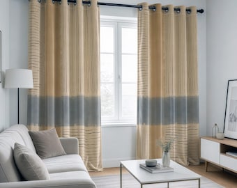 Abstract Striped Curtains, Modern Minimalist Drapes, Neutral Beige and Blue Window Panels
