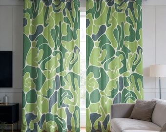 Green Abstract Curtains, Camo Style Drapes, Geometric Botanical Window Panels
