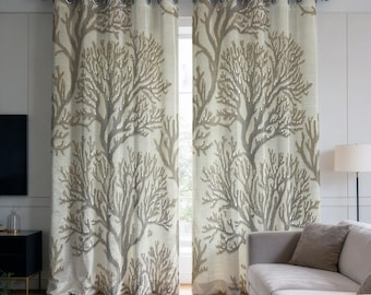 Coral Branch Curtains, Ocean Themed Drapes, Beach House Window Treatment, Coral Reef Window Panels