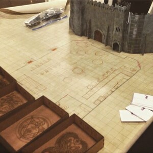 K&ouml;nnte beinhalten: Ein Tabletop-Spielset mit einer braunen Karte, einer grauen Schlossminiatur und vier kleinen Holzkisten mit aufwendigen Designs. Die Kisten sind mit den Worten "Drache", "Auge", "Drache" und "Drache" beschriftet.