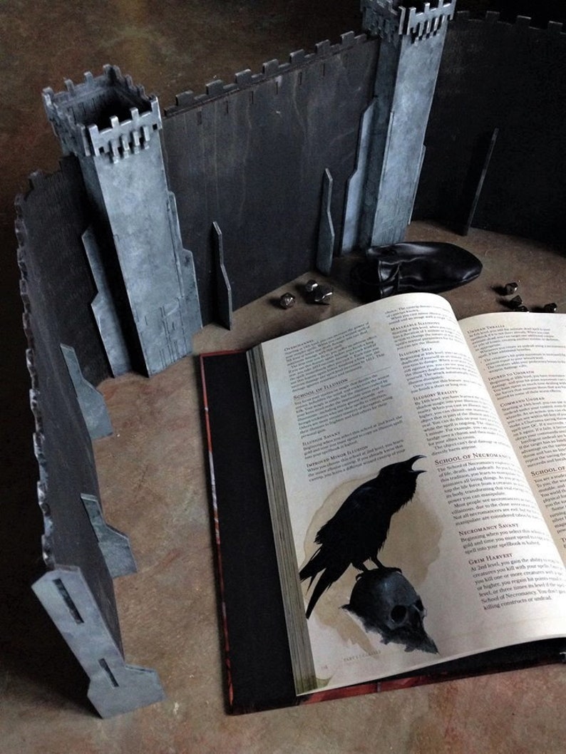 K&ouml;nnte beinhalten: Ein graues Pappschloss-Set mit einer schwarzen Rabenillustration auf einem Buch mit dem Titel "Die Schule der Nekromantie und die Schule der Nachtraben".