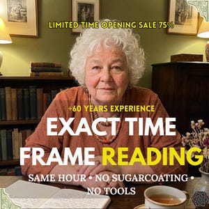 Puede incluir: Imagen de una mujer mayor con cabello blanco. Superposición de texto que dice "EXACT TIME FRAME READING" y "+60 YEARS EXPERIENCE". Texto adicional: "LIMITED TIME OPENING SALE 75%", "SAME HOUR • NO SUGARCOATING • NO TOOLS".