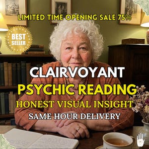 May include: An advertisement for clairvoyant psychic readings. The image shows a woman with white hair, and text that reads "Clairvoyant Psychic Reading, Honest Visual Insight, Same Hour Delivery." The image also includes the text "Limited Time Opening Sale 75%" and "Best Seller."