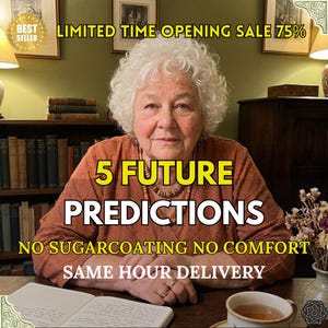 May include: An older person with curly white hair wearing a rust-colored top. Text overlays read: BEST SELLER, LIMITED TIME OPENING SALE 75%, 5 FUTURE PREDICTIONS, NO SUGARCOATING NO COMFORT, and SAME HOUR DELIVERY. A notebook and a cup are on the table.