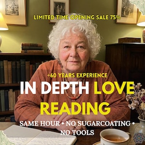 May include: An elderly woman with white curly hair is the focal point of this image. Text overlay reads "LIMITED TIME OPENING SALE 75%" and "+60 YEARS EXPERIENCE IN DEPTH LOVE READING". Additional text states "SAME HOUR • NO SUGARCOATING • NO TOOLS".