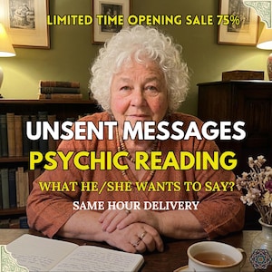 Op de afbeelding: Een afbeelding van een oudere vrouw met wit haar, zittend aan een bureau. De tekst op de afbeelding luidt "UNSENT MESSAGES PSYCHIC READING" en "WHAT HE/SHE WANTS TO SAY?" met "SAME HOUR DELIVERY". De achtergrond omvat boekenplanken en ingelijste kunstwerken.