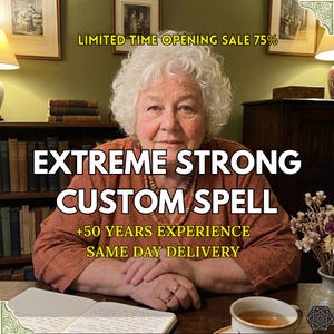 May include: A woman with white hair and a rust-colored top is the central focus. Text on the image states "EXTREME STRONG CUSTOM SPELL +50 YEARS EXPERIENCE SAME DAY DELIVERY" and "LIMITED TIME OPENING SALE 75%."