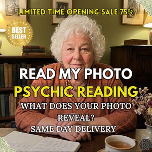 Pode incluir: Uma imagem que promove leituras psíquicas. O texto diz "READ MY PHOTO PSYCHIC READING" e "WHAT DOES YOUR PHOTO REVEAL?" com "SAME DAY DELIVERY". Uma insígnia "BEST SELLER" é visível. A imagem também inclui o texto "LIMITED TIME OPENING SALE 75%."
