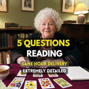 May include: An older person with curly white hair sits at a table with tarot cards, a lit candle, and a notebook. Text overlays read 5 QUESTIONS READING, SAME HOUR DELIVERY, and EXTREMELY DETAILED. The scene includes a bookshelf and a lamp.