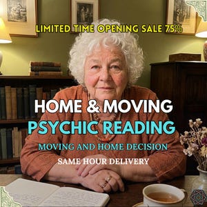 May include: An image featuring an elderly woman with white curly hair. The text overlay reads "HOME & MOVING PSYCHIC READING" and "LIMITED TIME OPENING SALE 75%". The woman wears a rust-colored top and a beaded necklace. A cup of tea and a notebook are on the table.