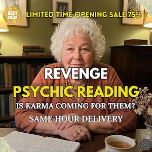 Könnte beinhalten: Ein Bild mit einer Frau mit weißen Haaren, mit dem Text "REVENGE PSYCHIC READING" und "IS KARMA COMING FOR THEM?" Das Bild enthält auch den Text "LIMITED TIME OPENING SALE 75%" und "SAME HOUR DELIVERY".