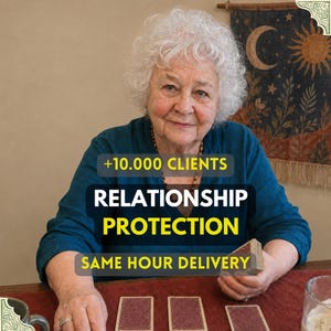 May include: A person with curly white hair wearing a dark teal shirt, sitting at a table with three face-down tarot cards. Text overlays read +10.000 CLIENTS, RELATIONSHIP PROTECTION, and SAME HOUR DELIVERY. A celestial wall hanging is visible.