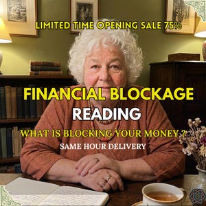 May include: Image of a woman with white hair, with text overlayed that reads "LIMITED TIME OPENING SALE 75%" and "FINANCIAL BLOCKAGE READING". Additional text states "WHAT IS BLOCKING YOUR MONEY? SAME HOUR DELIVERY".