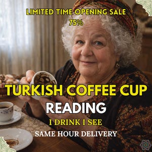 Peut inclure: Une femme tient une petite tasse à café turc blanche, dont le contenu est visible. L'image comprend le texte "TURKISH COFFEE CUP READING" et "I DRINK I SEE". L'image comprend également le texte "LIMITED TIME OPENING SALE 75%" et "SAME HOUR DELIVERY".