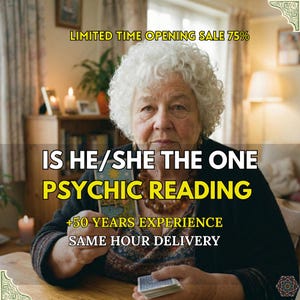 Può includere: Una donna anziana con i capelli bianchi ricci tiene in mano delle carte dei tarocchi. Il testo recita "IS HE/SHE THE ONE PSYCHIC READING" e "+50 YEARS EXPERIENCE SAME HOUR DELIVERY". L'immagine include anche il testo "LIMITED TIME OPENING SALE 75%".