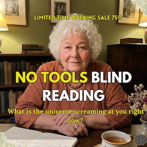 Könnte beinhalten: Eine ältere Frau mit weißen Locken steht im Mittelpunkt des Bildes. Der Text überlagert "NO TOOLS BLIND READING" und "What is the universe screaming at you right now?" Ein Banner mit der Aufschrift "LIMITED TIME OPENING SALE 75%" befindet sich oben.