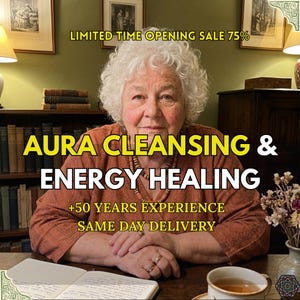 Può includere: Una donna anziana con i capelli bianchi e una maglia marrone è il punto focale di questa immagine. Il testo sovrapposto recita "AURA CLEANSING & ENERGY HEALING" e "+50 YEARS EXPERIENCE SAME DAY DELIVERY". Lo sfondo include librerie, arte incorniciata e una tazza di tè.