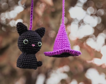 Car Charm // Halloween decoration // Rearview hanger // Black cat Witch Hat