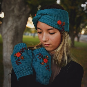 Wildflower Headwrap & Fingerless Mitts Set // Embroidered Florals // Autumn giftset image 1