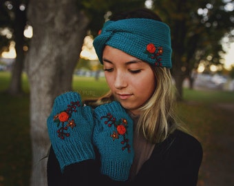 Wildflower Headwrap & Fingerless Mitts Set // Embroidered Florals // Autumn giftset