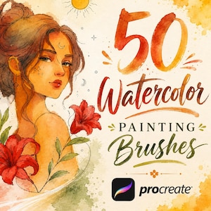 Könnte beinhalten: Eine digitale Illustration einer Person mit Hochsteckfrisur, umgeben von roten Lilien und einem kleinen Sonnensymbol. Der Text lautet 50 Watercolor PAINTING BRUSHES und enthält das Procreate-Logo auf einem cremefarbenen Aquarellhintergrund.