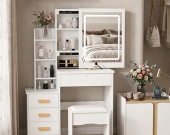 Coiffeuse blanche avec miroir et lumières