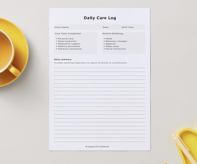 Daily Care Log Template, Support Worker Daily Notes, NDIS Care Log ...