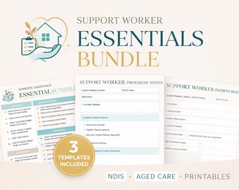 Essentials Pack Support Worker Bundle | Progress Notes, Daily Care Log, Incident Report | NDIS Templates | Aged Care Forms | Canva Editable