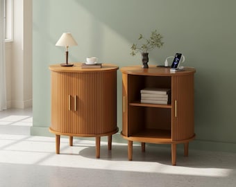 Modern Night Stand with Charging Station, Fluted Side Table with Sliding Door & Adjustable Shelf, Mid Century Bedroom End Table