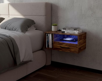 Floating Nightstand with LED Lights, Drawer, Charging Station, Modern Bedside Table