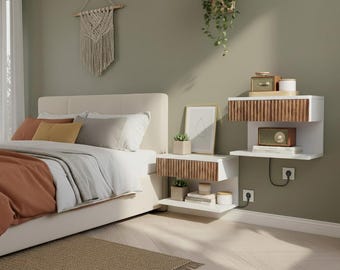 Floating Nightstand, Set of 2 with Charging Station, White Wall Mounted Bedside Tables, Walnut Fluted MCM Drawers for Small Bedrooms