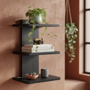 May include: A black, three-tiered wall shelf with various decorative items. A small potted plant sits on the top shelf, a vintage camera and books on the middle shelf, and a bowl of stones and a speaker on the bottom shelf.