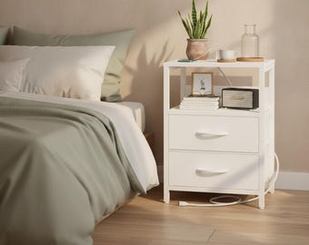 Modern Nightstand with Charging Station, 2 Fabric Drawers, Storage Shelf