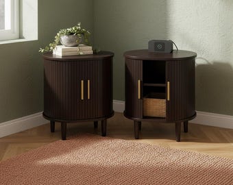 Modern Night Stand with Charging Station, Fluted Side Table with Sliding Door & Adjustable Shelf, Mid Century Bedroom End Table