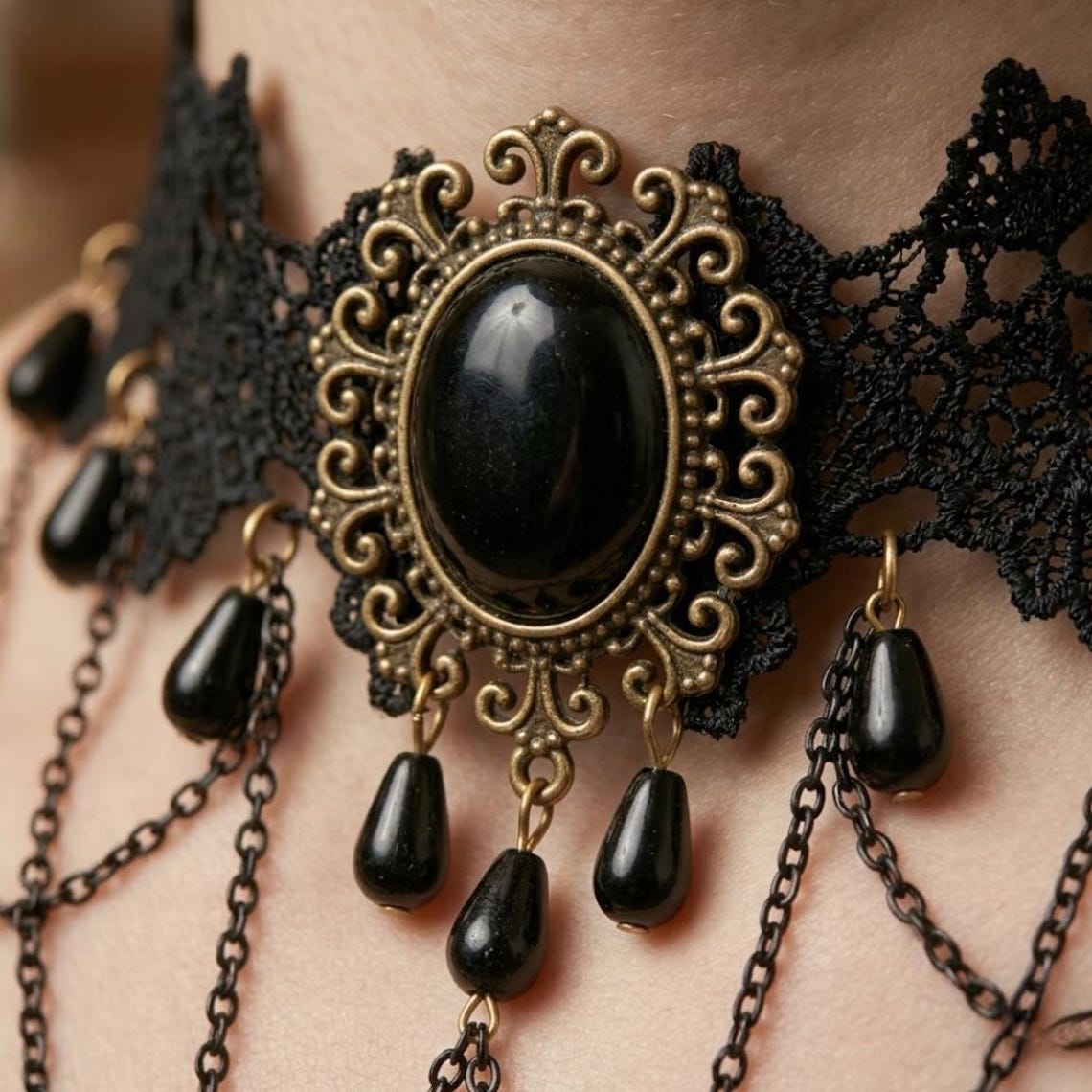 Gothic Black Lace Choker Necklace, Victorian Filigree Pendant With ...