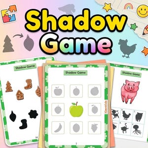 May include: A Shadow Game activity set featuring multiple printable pages with matching exercises. The sheets display colorful illustrations of fruits and animals alongside their corresponding grey silhouettes, with the text Shadow Game and 35+ Pages.