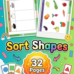 Może przedstawiać: 32-stronicowy zestaw edukacyjny zatytułowany Sort Shapes, zawierający arkusze do sortowania kolorów oraz wycinanki owoców i warzyw. Zestaw zawiera ilustrowane karty z kształtami geometrycznymi oraz drewniane pudełka do sortowania.