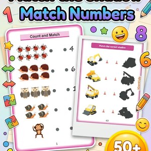 Könnte beinhalten: Pädagogische Arbeitsblätter mit dem Titel Match the Shadow und Match Numbers, die Zählübungen mit Marienkäfern, Igeln, Eulen, Schnecken und einem Affen sowie eine Zuordnungsaufgabe mit Baufahrzeugen und deren Schattenrissen enthalten.