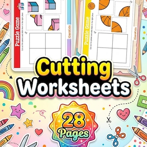 Può includere: Fogli di lavoro per bambini colorati con la scritta "Cutting Worksheets" e "28 Pages". I fogli di lavoro presentano giochi di puzzle con forme geometriche e palloni da basket. Include pastelli, forbici e adesivi a forma di stella e cuore.