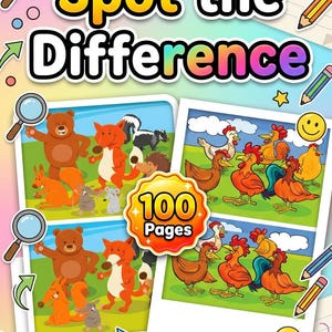 May include: A colorful children's activity book titled "Spot the Difference" with 100 pages. The cover features cartoon illustrations of animals and chickens. Includes magnifying glasses, pencils, stars, and smiley faces.