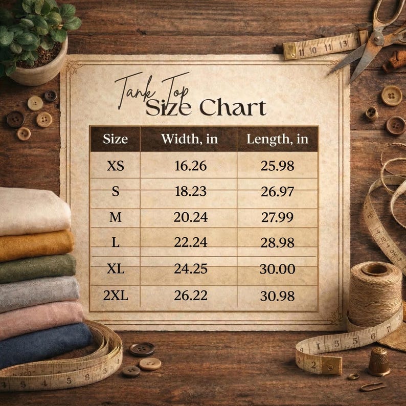 Puede incluir: Una tabla de tallas de camisetas sin mangas con medidas en pulgadas. La tabla incluye tallas XS a 2XL, con dimensiones de ancho y largo. La imagen tambi&eacute;n presenta una pila de tela doblada, una cinta m&eacute;trica, tijeras y nociones de costura.