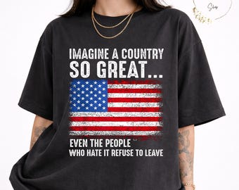 Camiseta patriótica Comfort Colors color pimienta, camiseta con cita "Imagine Country", camiseta vintage con la bandera de EE. UU.