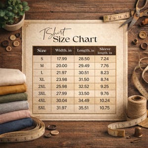 Puede incluir: Una tabla de tallas de camisetas con medidas en pulgadas. La tabla incluye tallas de la S a la 5XL, con las medidas correspondientes de ancho, largo y largo de manga. La imagen est&aacute; sobre una superficie de madera con herramientas de costura y tela.