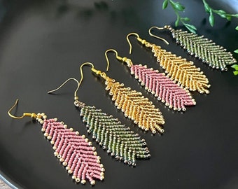 Beaded Boho Feather Earrings, Lightweight Earrings, Gift For Mom, Beaded Leaf Earrings, Seed Beads Fringe Earrings, Handmade Bridesmaid Gift