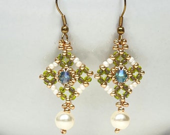 Olive Green Earrings Pearl Drop Earrings, Woven Pearl Drop Dangle Earrings, Woven Crystal And Pearl Earrings, Woven Montana Blue Earrings,